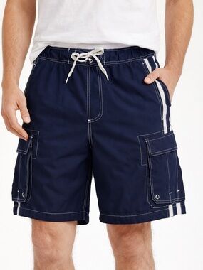 MOSSIMO Men’s Navy Blue Cargo Swim Shorts Drawstring Waist Pockets Size Smal